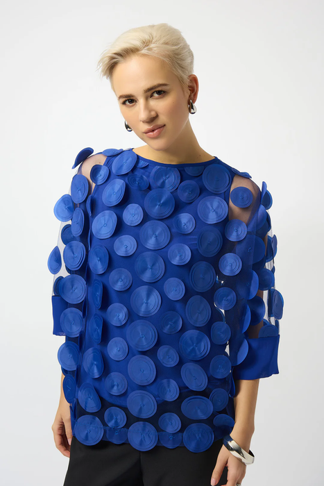 Joseph Ribkoff 253121 Royal Sapphire 3D Embroidered Mesh 3/4 Sleeves Top