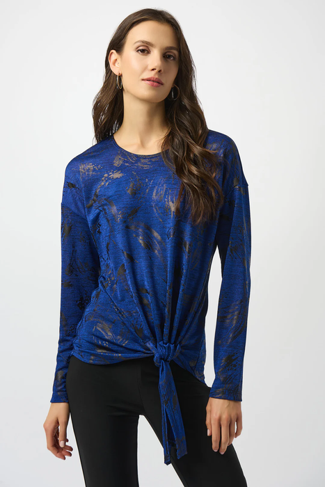 Joseph Ribkoff 253120 Royal Sapphire/Black Abstract Print Scoop Neck Long Sleeves Textured Top