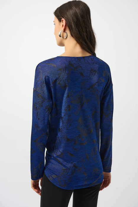 Joseph Ribkoff Royal Sapphire/Black Abstract Print Scoop Neck Long Sleeves Straight Top 253120