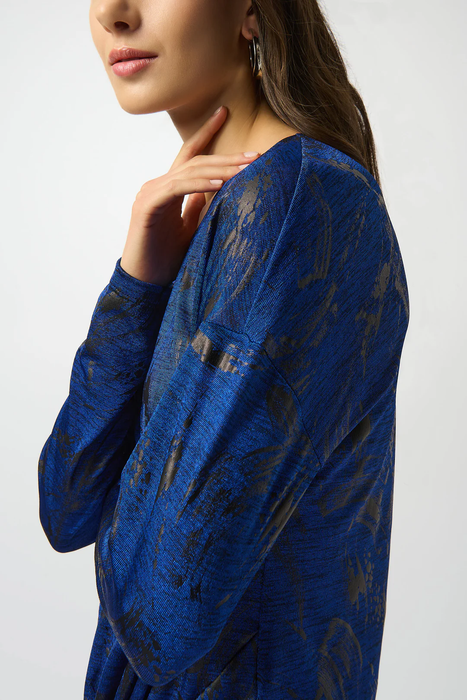 Joseph Ribkoff Royal Sapphire/Black Abstract Print Scoop Neck Long Sleeves Straight Top 253120
