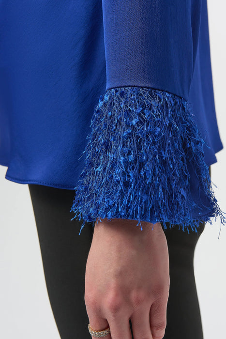 Joseph Ribkoff Cowl Neck Fringe Cuff Satin Top 254020