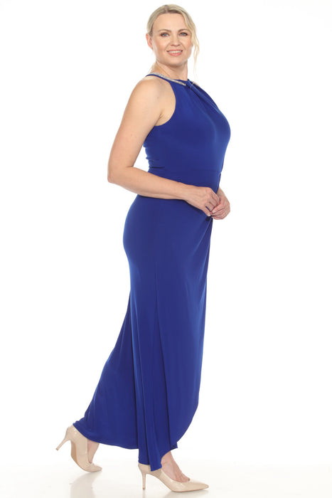 Joseph Ribkoff Royal Sapphire Embellished Pleated Halter Evening Dress 251709