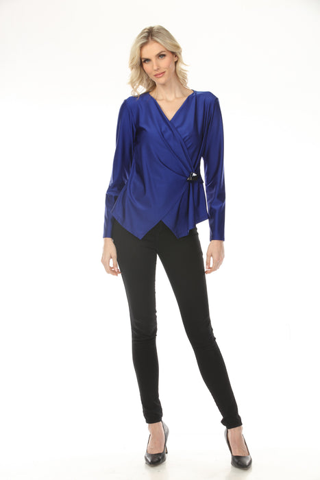 Joseph Ribkoff Royal Sapphire Faux Wrap Fitted Satin Top 254158