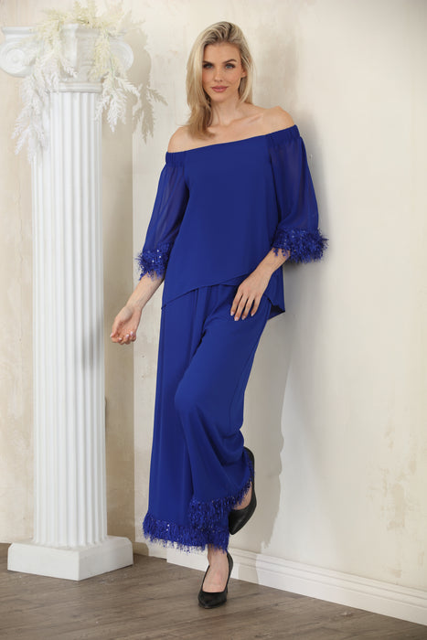 Joseph Ribkoff Royal Sapphire Fringe Trim Wide-Leg Pants 261716