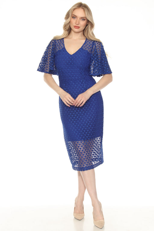 Joseph Ribkoff Style 251744 Royal Sapphire Guipure Lace Flutter Sleeve Midi Sheath Dress