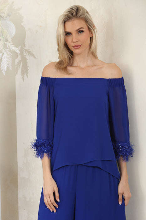 Joseph Ribkoff Royal Sapphire Off-Shoulder Fringe Trim Top 261717