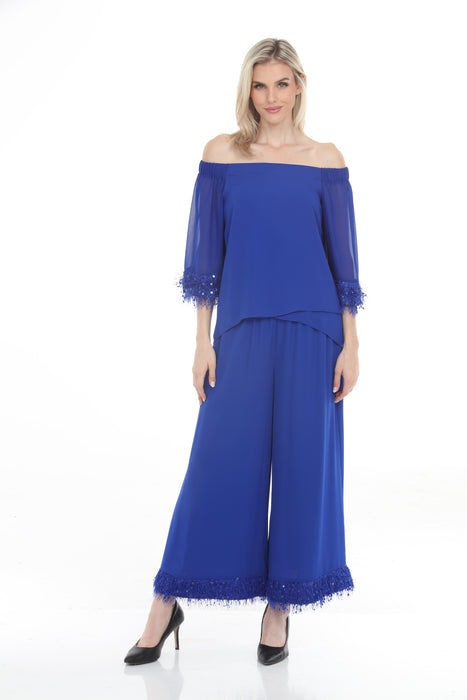 Joseph Ribkoff Royal Sapphire Off-Shoulder Fringe Trim Top 261717