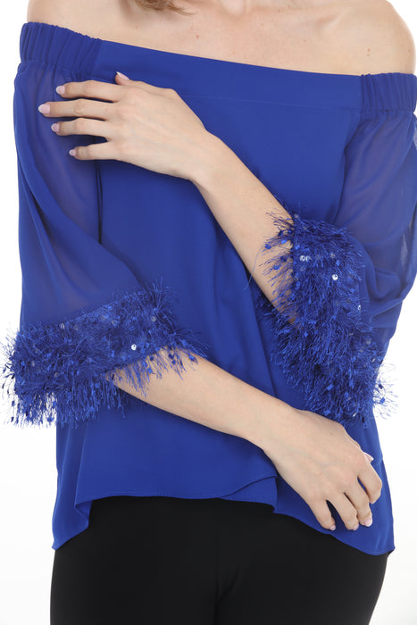 Joseph Ribkoff Royal Sapphire Off-Shoulder Fringe Trim Top 261717