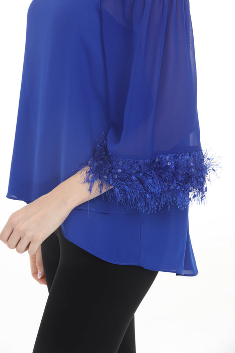Joseph Ribkoff Royal Sapphire Off-Shoulder Fringe Trim Top 261717