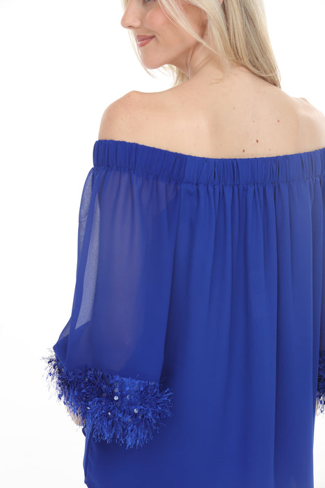 Joseph Ribkoff Royal Sapphire Off-Shoulder Fringe Trim Top 261717