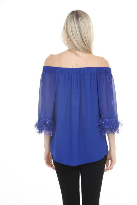 Joseph Ribkoff Royal Sapphire Off-Shoulder Fringe Trim Top 261717
