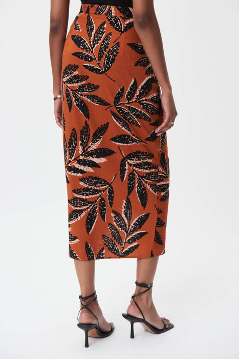 Joseph Ribkoff Rust/Multi Leaf Print Faux Wrap Midi Skirt 232078