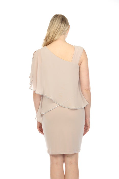 Joseph Ribkoff Sand Embellished Chiffon Overlay One-Shoulder Sheath Dress 241721