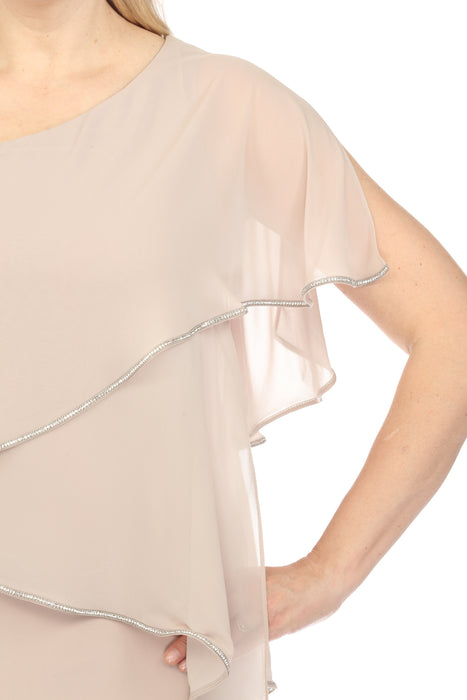 Joseph Ribkoff Sand Embellished Chiffon Overlay One-Shoulder Sheath Dress 241721