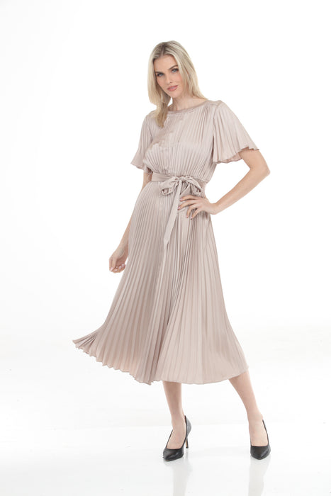 Woman wearing Joseph Ribkoff pleated satin dress for wedding guest outfit
