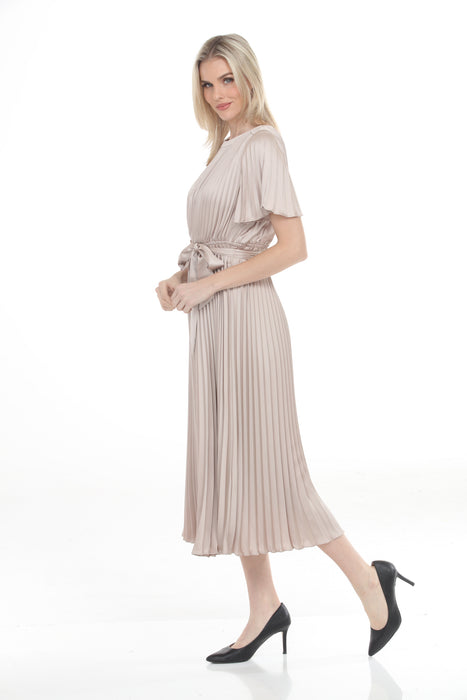 Joseph Ribkoff Sand Pleated Satin Midi Fit and Flare Dress 261752