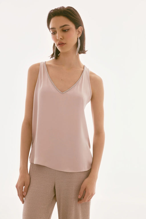 Joseph Ribkoff Style 251741 Sand Rhinestone Embellished V-Neck Satin Top