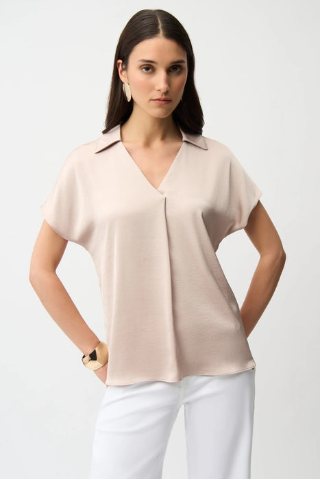 Joseph Ribkoff Parchment Collared V-Neck Satin Boxy Top 261191