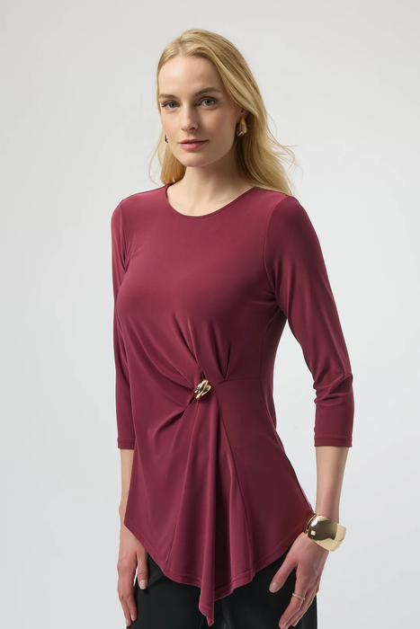 Joseph Ribkoff 254132 Merlot Scoop Neck 3/4 Sleeves Asymmetrical Top