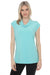 Woman wearing a light blue cap sleeve tunic top with cowl neck from Joseph Ribkoff