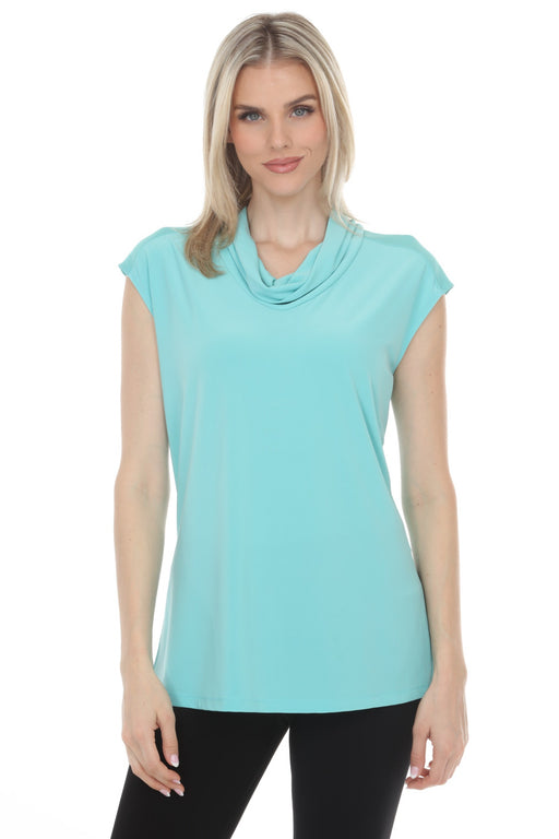 Woman wearing a light blue cap sleeve tunic top with cowl neck from Joseph Ribkoff