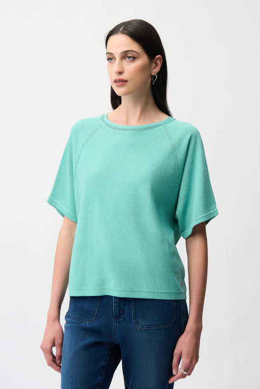 Woman wearing a green short sleeve sweater top with sequins from Joseph Ribkoff