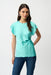 Woman wearing a blue green satin top with twist front detail and dolman sleeves from Joseph Ribkoff