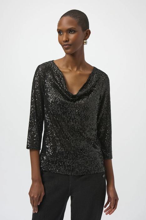 Joseph Ribkoff 254137 Black Sequined Cowl Neck 3/4 Sleeves Straight Top