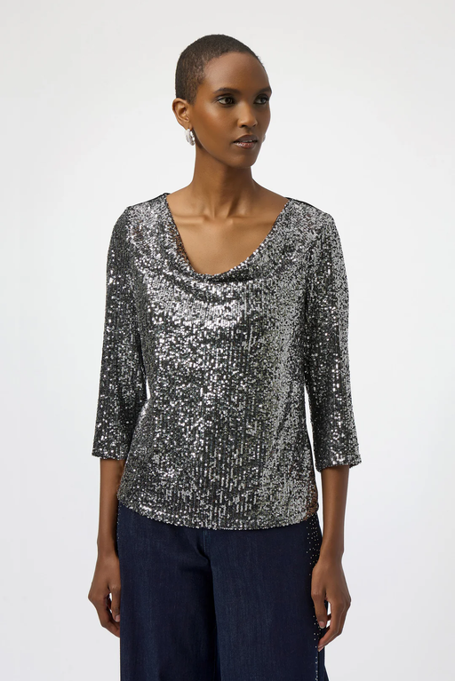Joseph Ribkoff 254137 Black/Silver Sequined Cowl Neck 3/4 Sleeves Straight Top