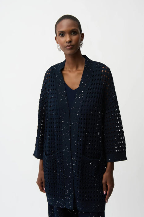 Joseph Ribkoff 261926 Midnight Blue Sequined Open Front 3/4 Sleeves Cardigan