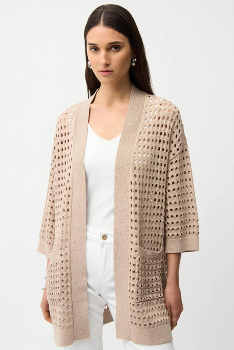 Joseph Ribkoff 261926 Parchment Sequined Open Front 3/4 Sleeves Cardigan