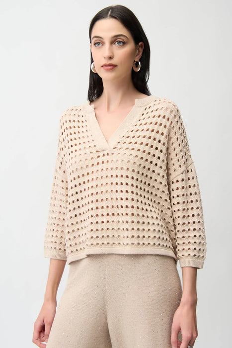 Joseph Ribkoff Sequined Open Knit V-Neck Boxy Sweater Top 261925
