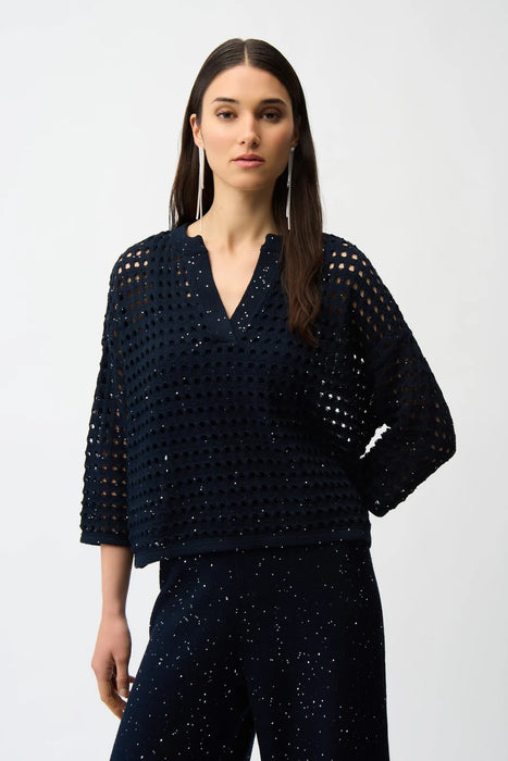 Joseph Ribkoff 261925 Midnight Blue  Sequined Open Stitch Notched V-Neck Sweater Top