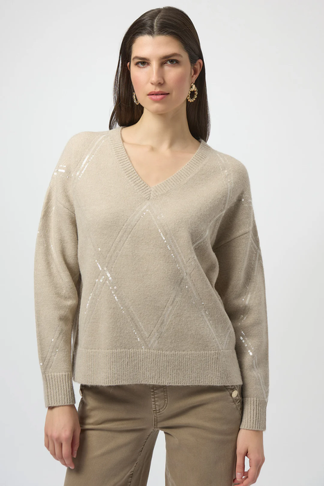 Joseph Ribkoff 254949 Oyster Sequined V-Neck Pullover Sweater