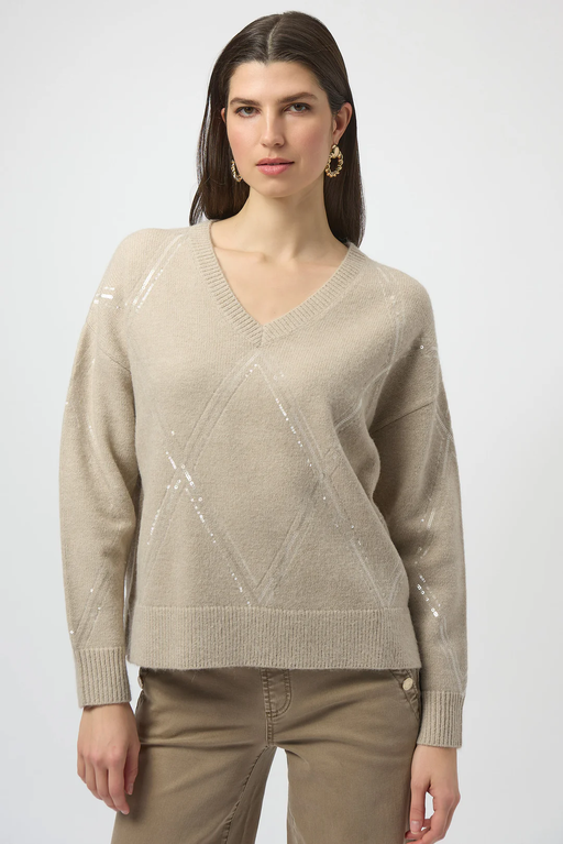 Joseph Ribkoff 254949 Oyster Sequined V-Neck Pullover Sweater
