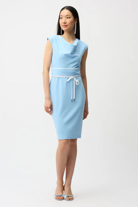 Woman wearing Joseph Ribkoff Sheath Dress with cowl neck and belted waist, featuring a sleek fitted silhouette and elegant knee-length design for modern sophistication.