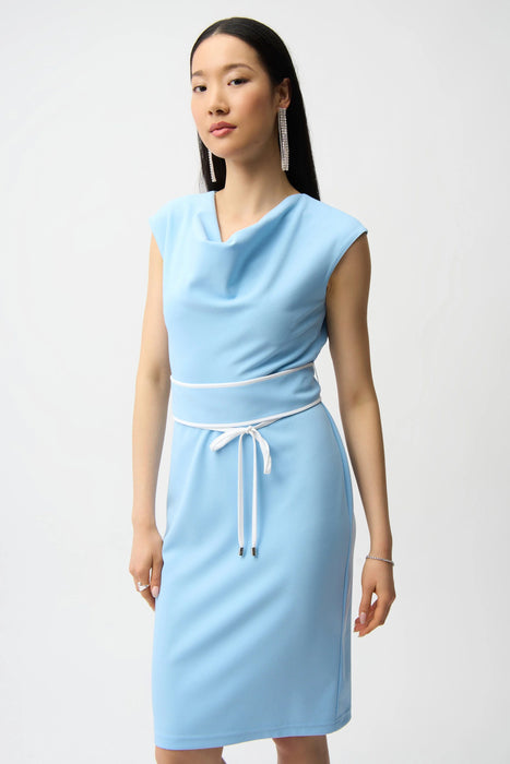 Joseph Ribkoff Sky Blue/Vanilla Cowl Neck Belted Sheath Dress 261205