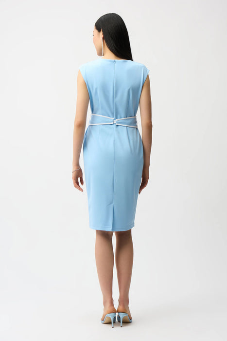 Joseph Ribkoff Sky Blue/Vanilla Cowl Neck Belted Sheath Dress 261205