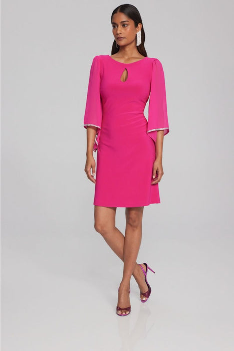 Joseph Ribkoff Style 241709 Shocking Pink Embellished Chiffon Sleeve Keyhole Neck Shift Dress