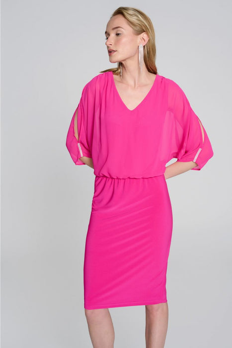 Joseph Ribkoff Shocking Pink Embellished Slit Sleeve Blouson Sheath Dress 242728