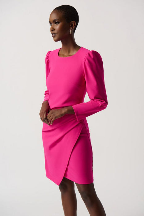 Joseph Ribkoff Shocking Pink Pleated Wrap Front Puff Sleeve Sheath Dress 234025
