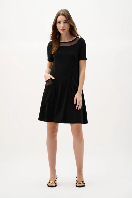 Woman wearing a black silky knit and mesh A-line dress with short sleeves and sheer neckline detail, styled for an elegant modern look.