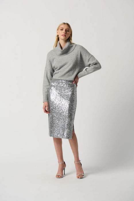 Joseph Ribkoff Silver Grey/Silver Sequined Side Slit Pencil Skirt 234259