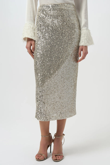 Woman wearing a silver sequin midi pencil skirt