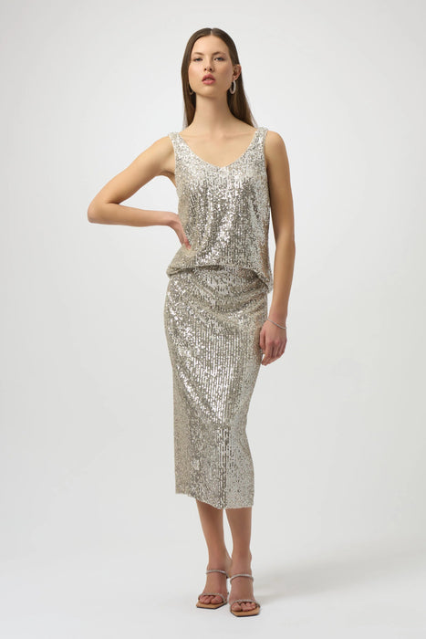 Joseph Ribkoff Silver/Nude Sequined V-Neck Sleeveless Top 254023