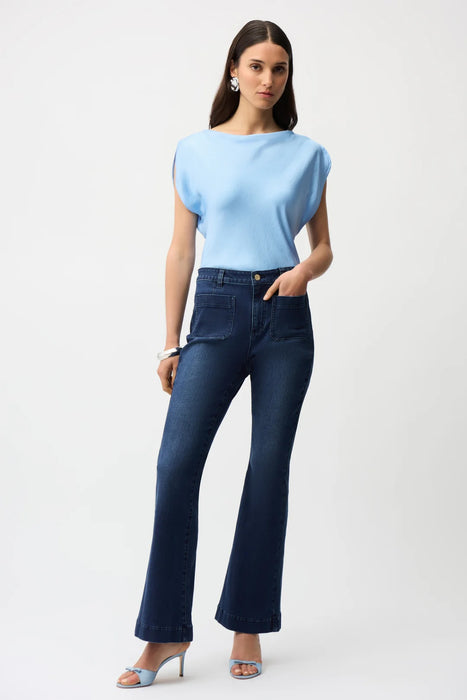 Joseph Ribkoff Sky Blue Cowl Neck Short Sleeve Satin Top 261152