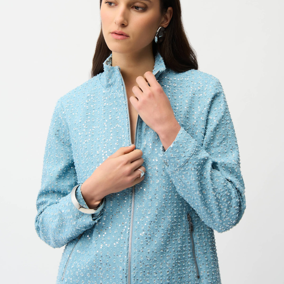 Buy Joseph Ribkoff Sky Blue Sequined Zip Front Denim Jacket 261951