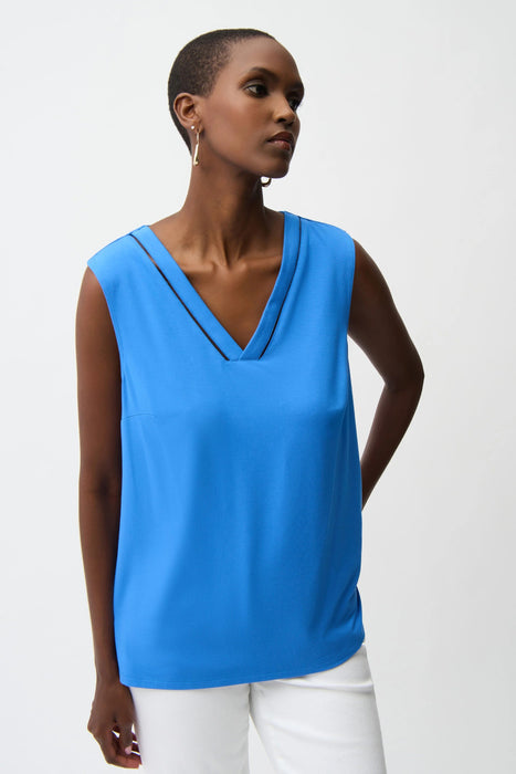Joseph Ribkoff Harbor Blue Sheer Trim V-Neck Sleeveless Top 261108