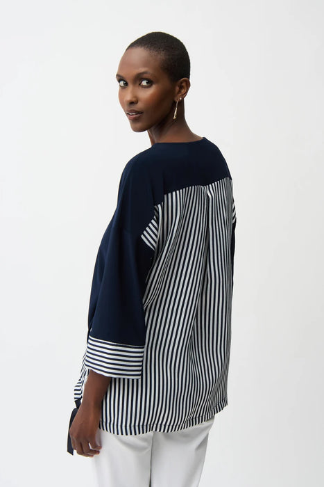 Joseph Ribkoff Block Stripes Drawstring High Low Hem Top 261193