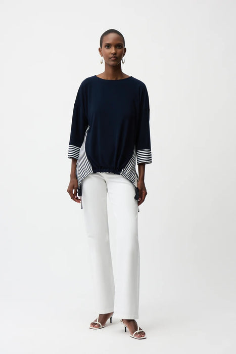 Joseph Ribkoff Block Stripes Drawstring High Low Hem Top 261193